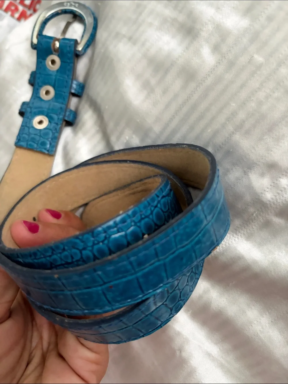 Teal Croc-Embossed Skinny Belt S/M USA